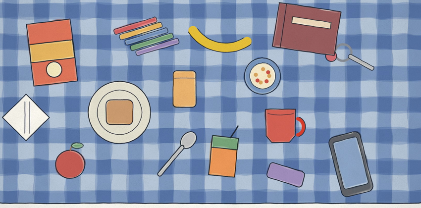 A breakfast table crowded with objects on a checked cloth, including a red cup.