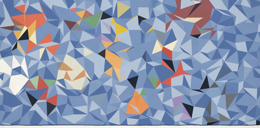 The same table broken into sharp colored fragments. No object holds together.